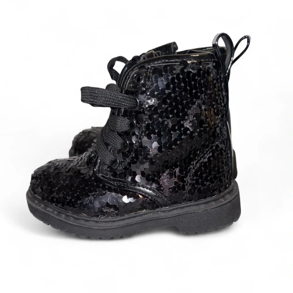 Toddler Black Sequin Lace-Up Kids Boots 5T